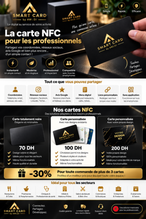 Cartes NFC professionnelles Smart Card by AWLDI Landing page Smart Card by AWLDI présentant des cartes NFC professionnelles personnalisées et leurs tarifs au Maroc